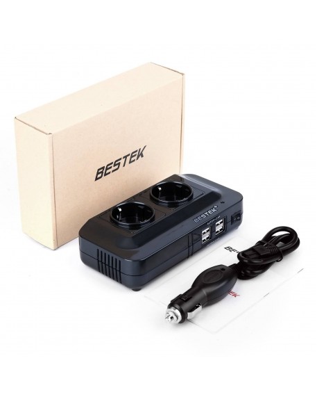 BESTEK 200W KFZ Spannungswandler 12V auf 230V Wechselrichter mit 2 Steckdosen und 4 USB Autoladegerät inkl. Zigarettenanzünder Stecker Schwarz